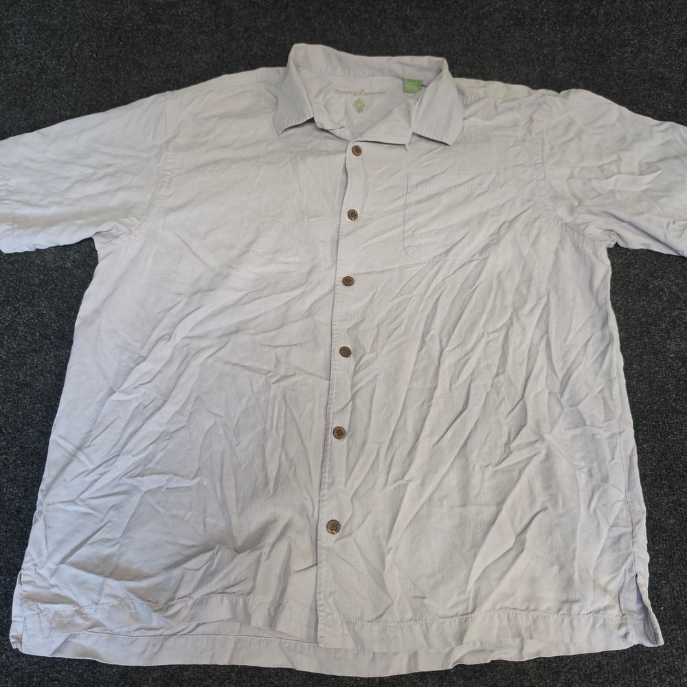 Tommy Bahama Mens XL 100% Silk Short Sleeve Button Down Shirt Lavender Striped